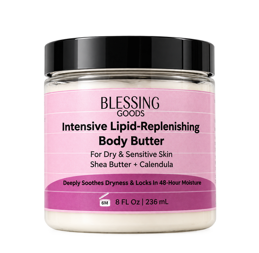 Blessing Goods Intensive Lipid-Replenishing Body Butter in an 8 fl oz jar with a black lid and a pink label, shown on a white solid background.